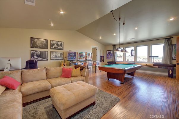 Billiard Table, Game Room, Interior, Living room, Pendant Lights, Recessed Lighting, Wood Texture Flooring