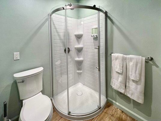 Bathroom, Glass Shower, Interior, Wood Texture Flooring