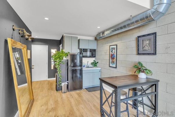 Interior, Kitchen, Recessed Lighting, Stone Walls, Wood Texture Flooring