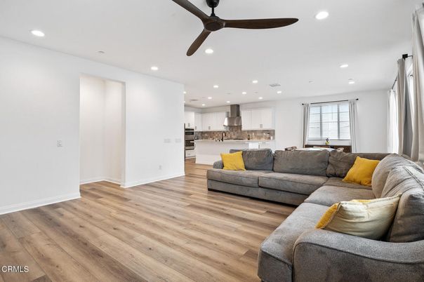 Interior, Kitchen, Living room, Recessed Lighting, Stainless Steel Appliances, Wood Texture Flooring