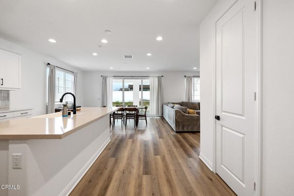 Dining room, Interior, Kitchen, Living room, Recessed Lighting, Wood Texture Flooring