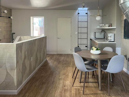 Dining room, Interior, Pendant Lights, Wood Texture Flooring