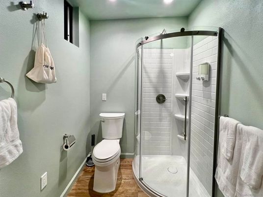 Bathroom, Glass Shower, Interior, Recessed Lighting, Wood Texture Flooring