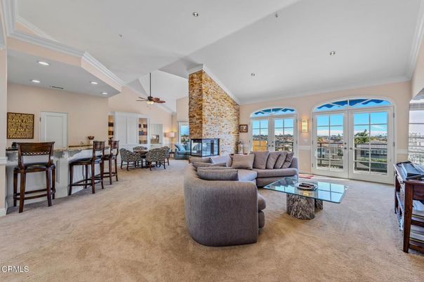 Dining room, Fireplace, Interior, Living room, Recessed Lighting, Stone Walls