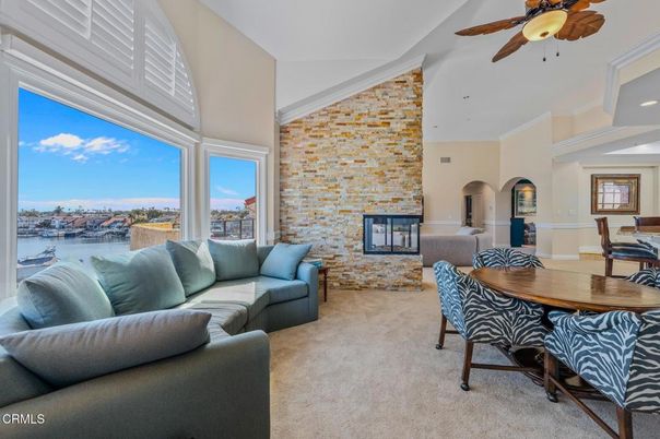Fireplace, Interior, Living room, Recessed Lighting, Stone Walls, Water