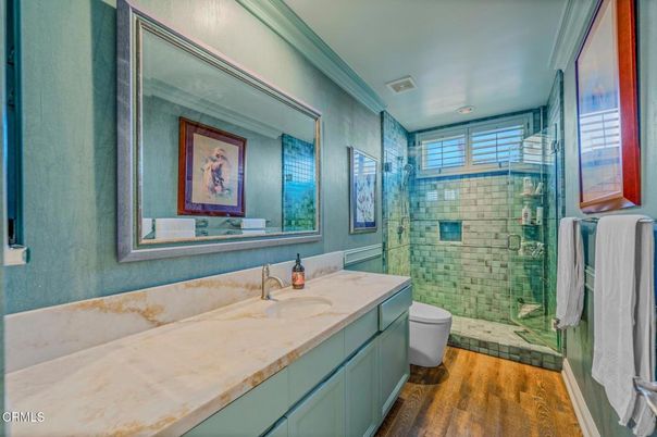Bathroom, Glass Shower, Interior, Recessed Lighting, Wood Texture Flooring
