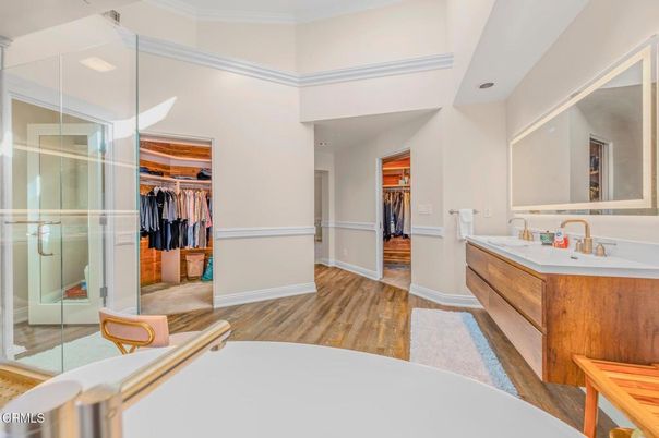 Bathroom, Glass Shower, Interior, Walk-in Closets, Wood Texture Flooring