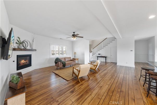 Fireplace, Interior, Living room, Recessed Lighting, Wood Texture Flooring