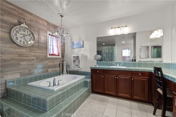 Bathroom, Chandelier, Dual Sink Vanities, Interior, Tile Countertops, Wooden Walls