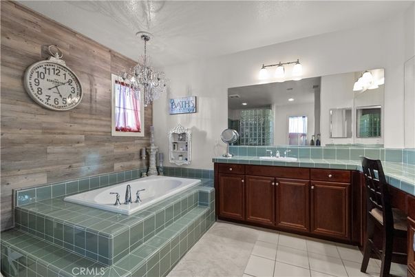 Bathroom, Chandelier, Interior, Tile Countertops, Wooden Walls