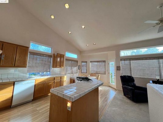 Dining room, Interior, Kitchen, Recessed Lighting, Tile Countertops, Wood Texture Flooring
