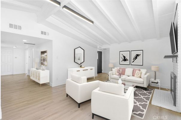 Fireplace, Interior, Living room, Recessed Lighting, Wood Texture Flooring