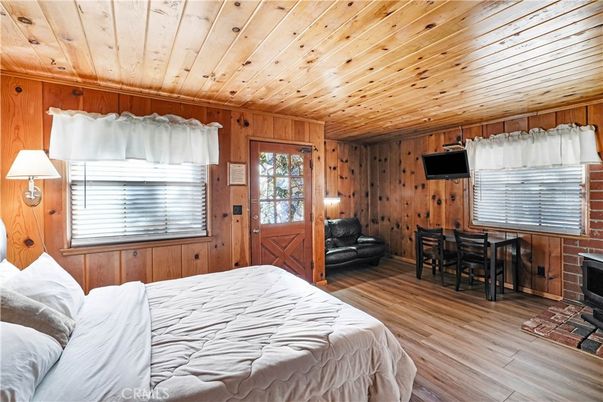 Bedroom, Fireplace, Interior, Wooden Ceilings, Wood Texture Flooring, Wooden Walls