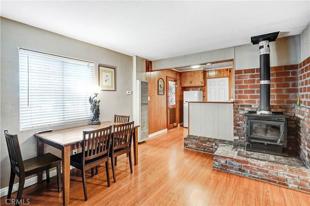 Dining room, Fireplace, Interior, Kitchen, Stone Walls, Wood Texture Flooring