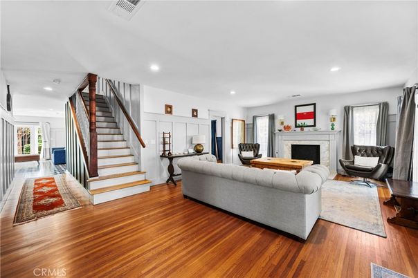 Fireplace, Interior, Living room, Recessed Lighting, Wood Texture Flooring