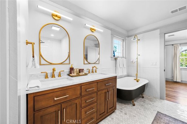 Bathroom, Dual Sink Vanities, Free Standing Baths, Interior, Wood Texture Flooring