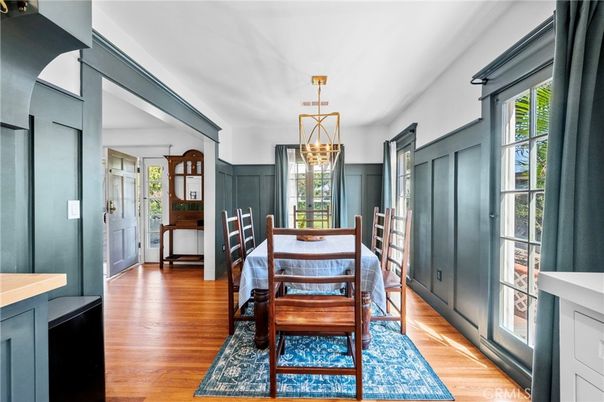 Dining room, Interior, Pendant Lights, Wood Texture Flooring
