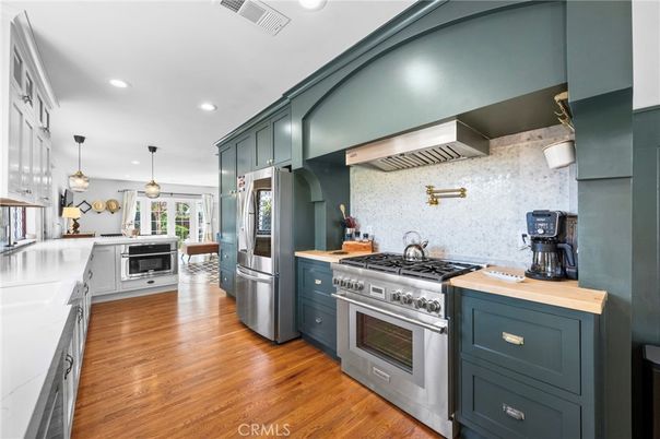 Interior, Kitchen, Pendant Lights, Recessed Lighting, Stainless Steel Appliances, Wood Texture Flooring