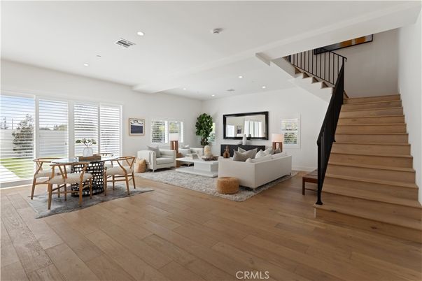 Dining room, Interior, Living room, Recessed Lighting, Wood Texture Flooring