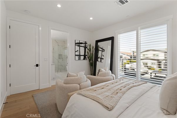 Bathroom, Bedroom, Glass Shower, Interior, Marble Walls, Recessed Lighting, Wood Texture Flooring