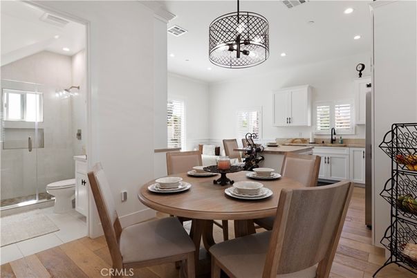 Bathroom, Dining room, Glass Shower, Interior, Pendant Lights, Recessed Lighting, Wood Texture Flooring