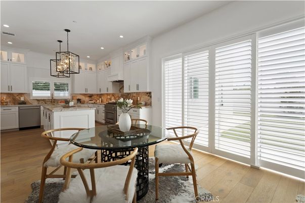Dining room, Interior, Kitchen, Pendant Lights, Recessed Lighting, Wood Texture Flooring