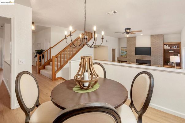 Chandelier, Dining room, Interior, Recessed Lighting, Stone Walls, Wood Texture Flooring