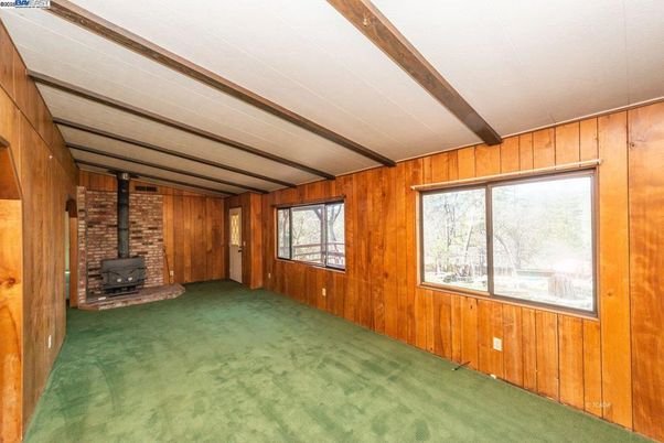 Empty room, Fireplace, Interior, Stone Walls, Wooden Beams, Wooden Walls