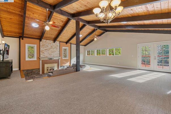 Chandelier, Empty room, Fireplace, Interior, Wooden Beams, Wooden Ceilings