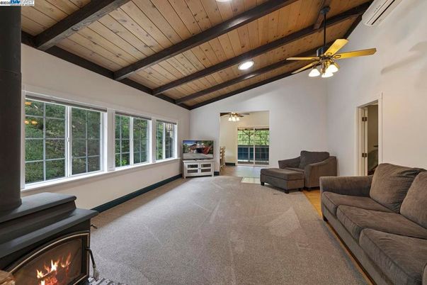 Fireplace, Interior, Living room, Recessed Lighting, Wooden Beams, Wooden Ceilings