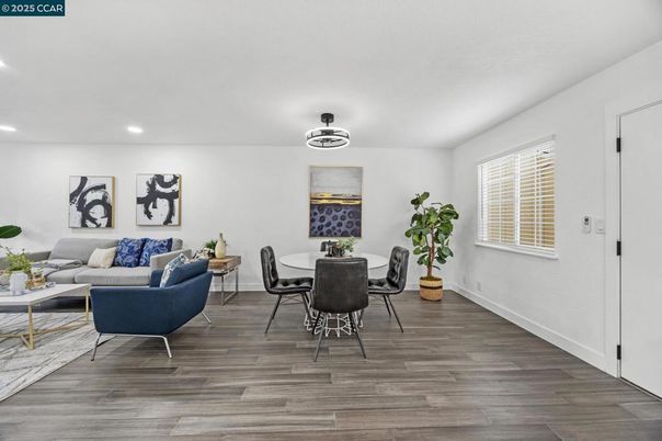 Dining room, Interior, Living room, Recessed Lighting, Wood Texture Flooring