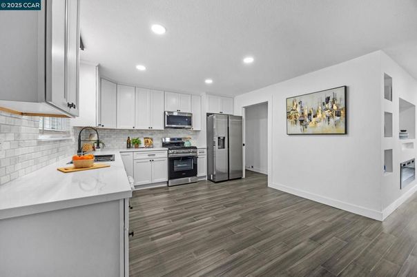 Interior, Kitchen, Recessed Lighting, Stainless Steel Appliances, Wood Texture Flooring