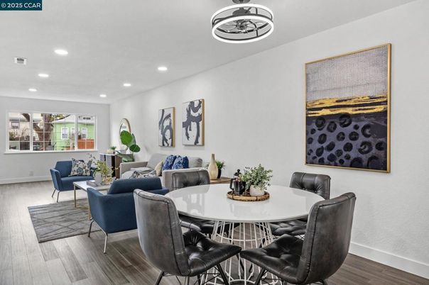 Dining room, Interior, Living room, Recessed Lighting, Wood Texture Flooring