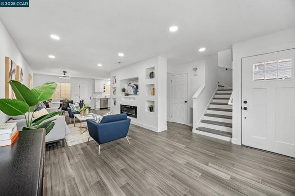 Fireplace, Interior, Living room, Recessed Lighting, Wood Texture Flooring