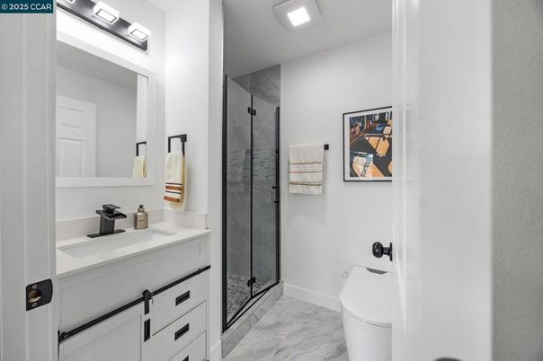 Bathroom, Glass Shower, Interior, Marble, Recessed Lighting
