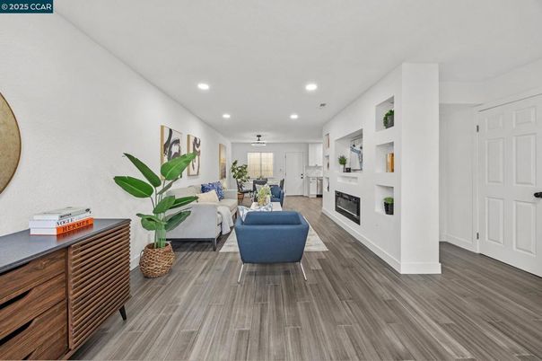 Fireplace, Interior, Living room, Recessed Lighting, Wood Texture Flooring