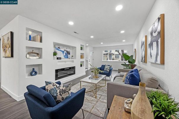 Fireplace, Interior, Living room, Recessed Lighting, Wood Texture Flooring