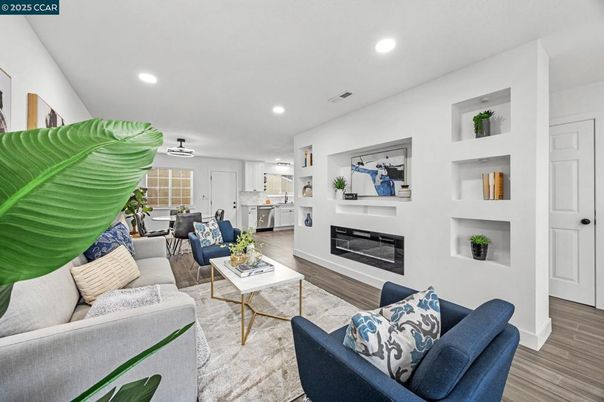 Dining room, Fireplace, Interior, Kitchen, Living room, Recessed Lighting, Wood Texture Flooring