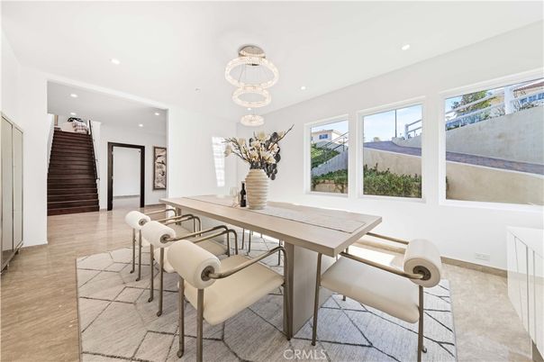 Dining room, Interior, Pendant Lights, Recessed Lighting, Wood Texture Flooring