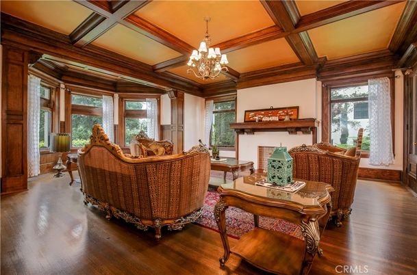 Chandelier, Fireplace, Interior, Living room, Wooden Beams, Wood Texture Flooring
