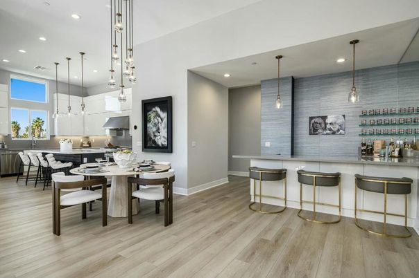 Dining room, Interior, Kitchen, Pendant Lights, Recessed Lighting, Stainless Steel Appliances, Wood Texture Flooring