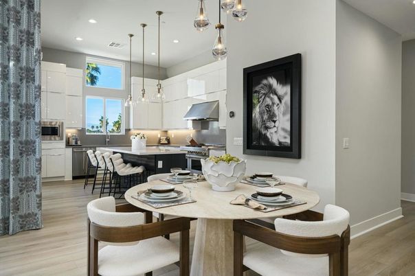 Dining room, Interior, Kitchen, Pendant Lights, Recessed Lighting, Stainless Steel Appliances, Wood Texture Flooring