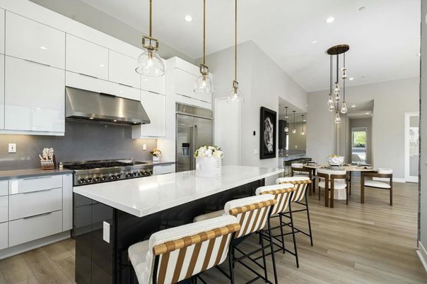 Dining room, Interior, Kitchen, Pendant Lights, Recessed Lighting, Stainless Steel Appliances, Wood Texture Flooring