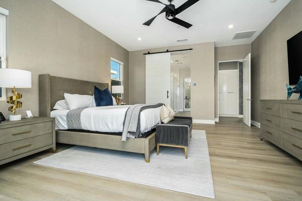 Bedroom, Interior, Recessed Lighting, Wood Texture Flooring