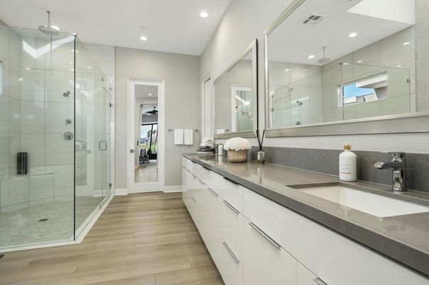 Bathroom, Dual Sink Vanities, Glass Shower, Interior, Recessed Lighting, Wood Texture Flooring