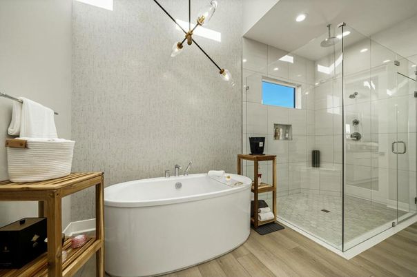 Bathroom, Glass Shower, Interior, Recessed Lighting, Wood Texture Flooring
