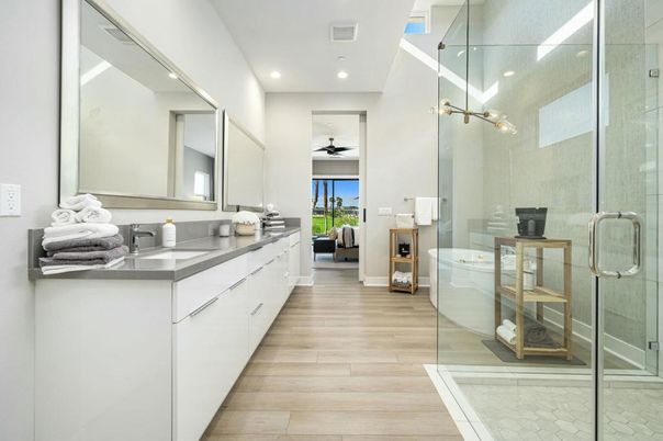Bathroom, Dual Sink Vanities, Glass Shower, Interior, Recessed Lighting, Wood Texture Flooring