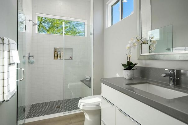 Bathroom, Glass Shower, Interior, Wood Texture Flooring