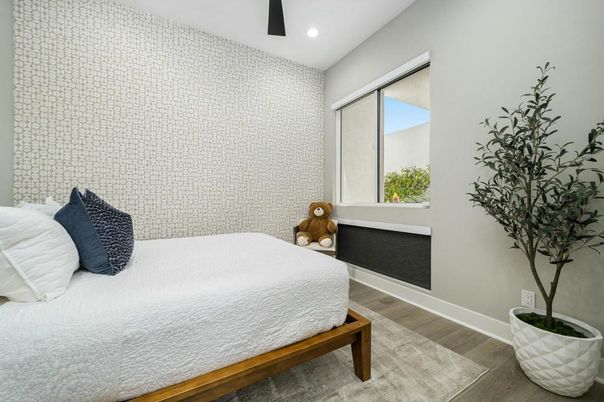 Bedroom, Interior, Recessed Lighting, Wood Texture Flooring