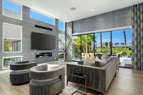 Fireplace, Interior, Living room, Recessed Lighting, Water, Wood Texture Flooring